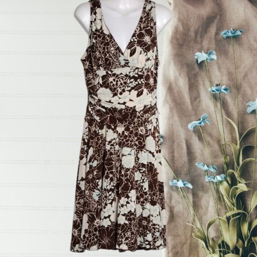 Candie's Brown and Cream Floral Midi Dress with Blue Accents Size Large